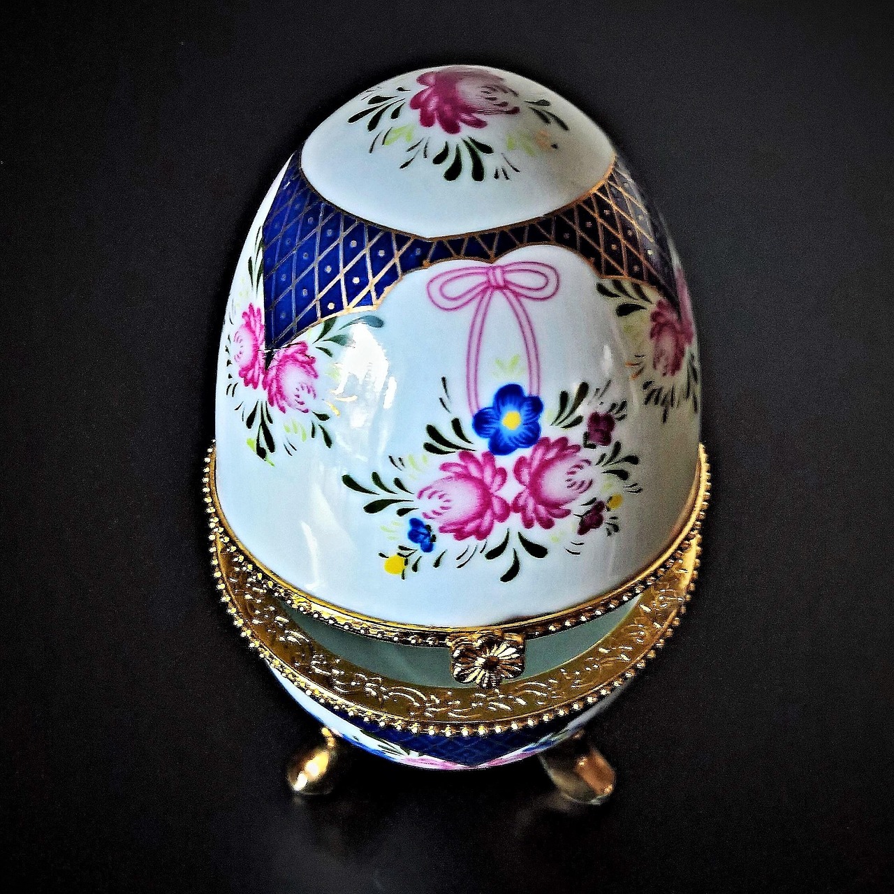 egg, porcelain box, faberge egg, imitation, container, white porcelain, flower painting, ornaments, gold, cobalt blue, collectible, nostalgic, dark background, faberge egg, faberge egg, faberge egg, faberge egg, faberge egg